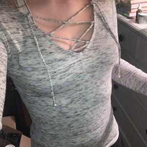 Gray long sleeve with criss cross ties